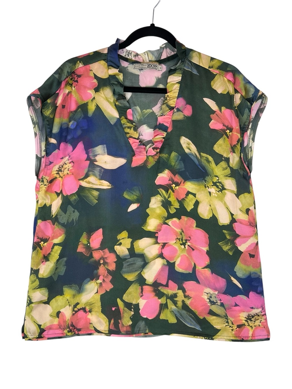 Go Silk Floral Ruffle Top Sz M Tahitian Floral Boxy Flowy Office Casual Chic